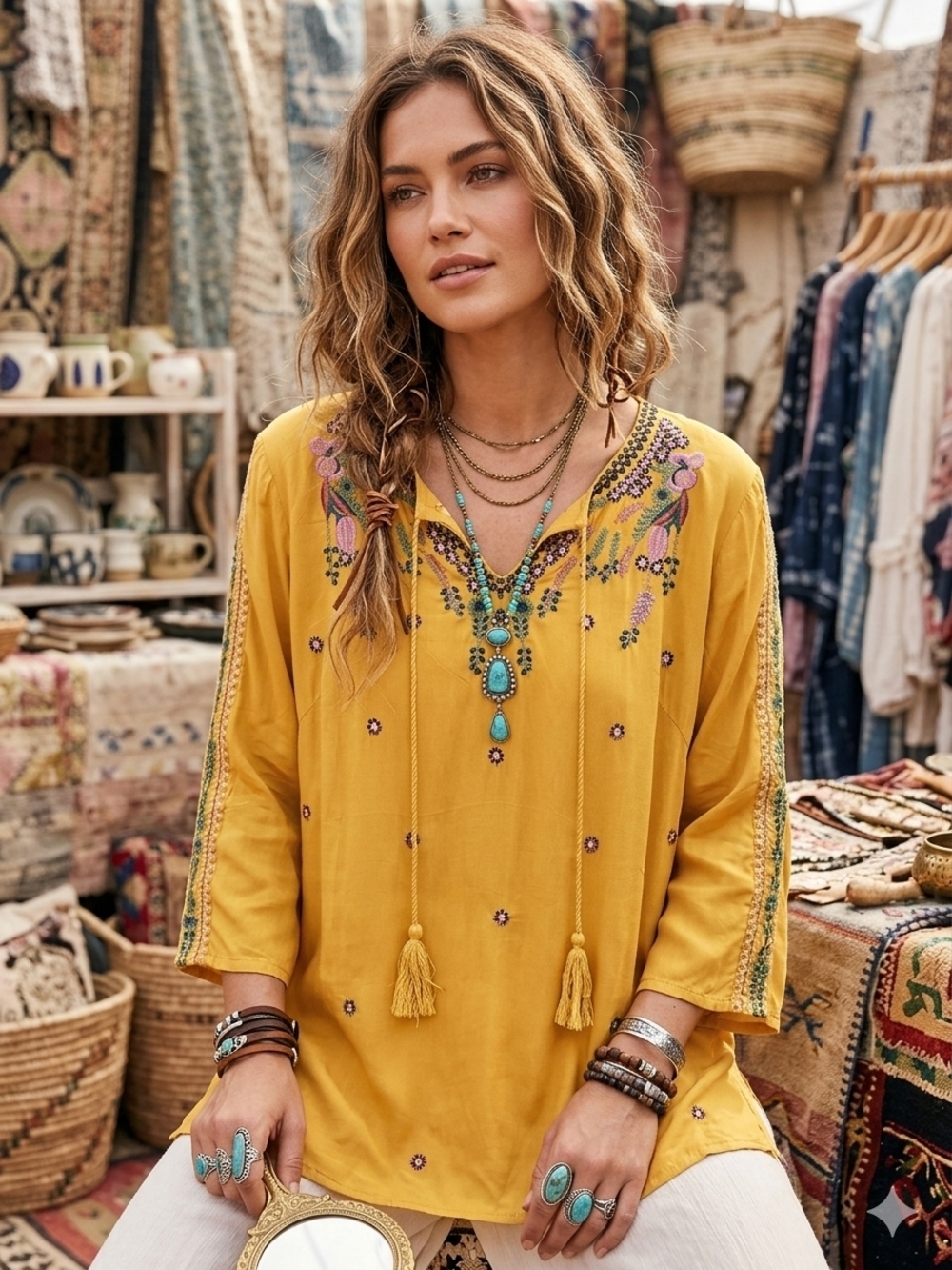 Embroidered Tassel V-Neck BohemianTunic in Mustard Yellow L(XL)